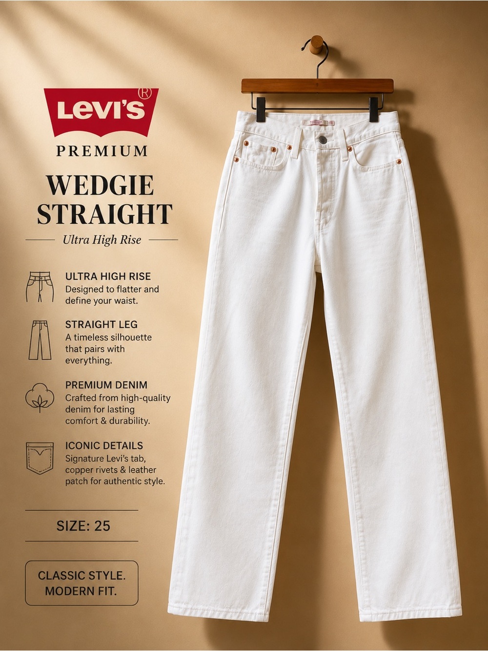 New Levi’s Premium Wedgie Straight Jeans in White – Size 25 - NWOT